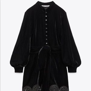 Zara High Collar Button Down Velvet Eyelet Detail Dress Long Sleeves Short